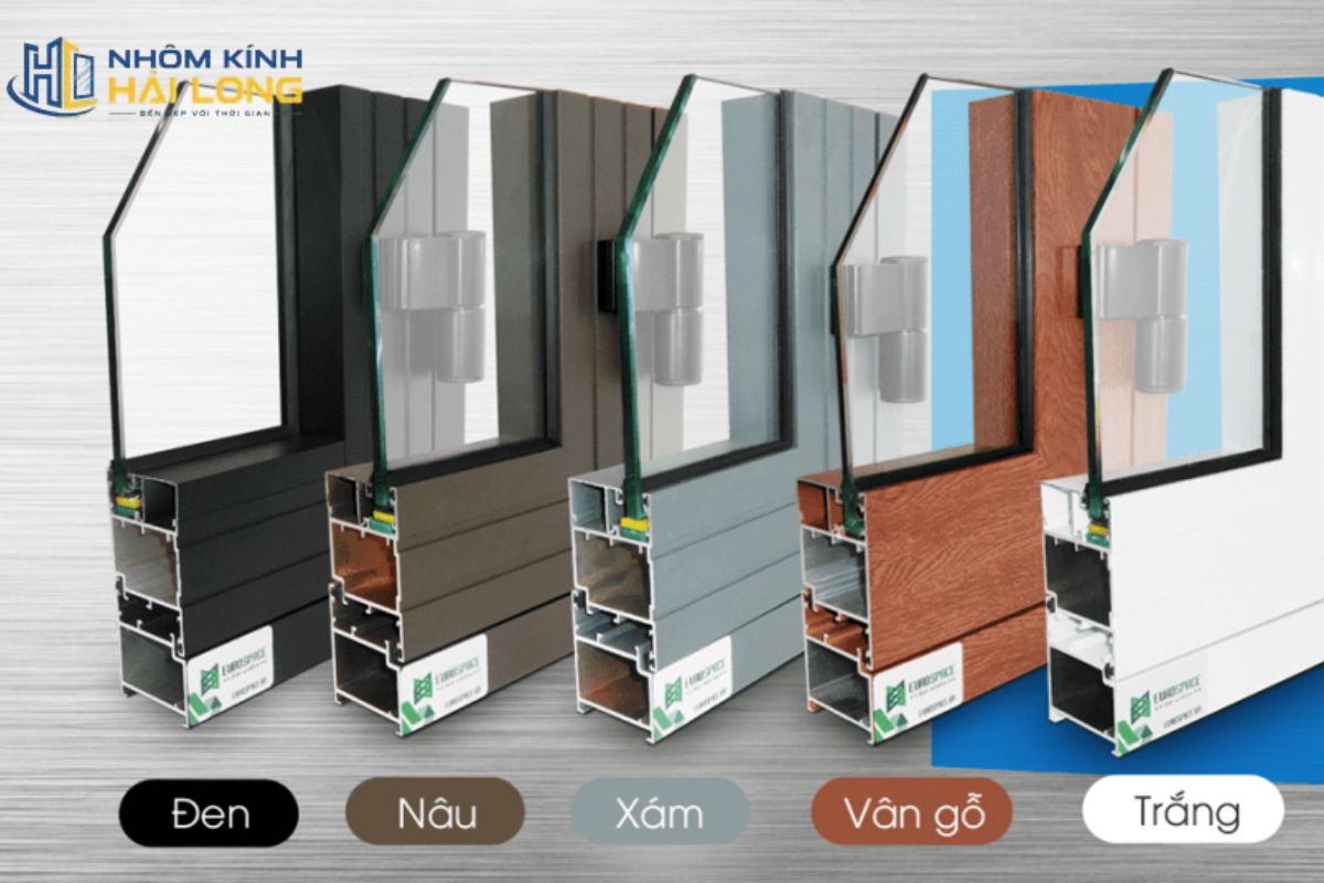 Bảng màu cửa nhôm Xingfa phổ biến gồm trắng sứ, đen, ghi xám, nâu sần, vân gỗ và màu đặt theo yêu cầu