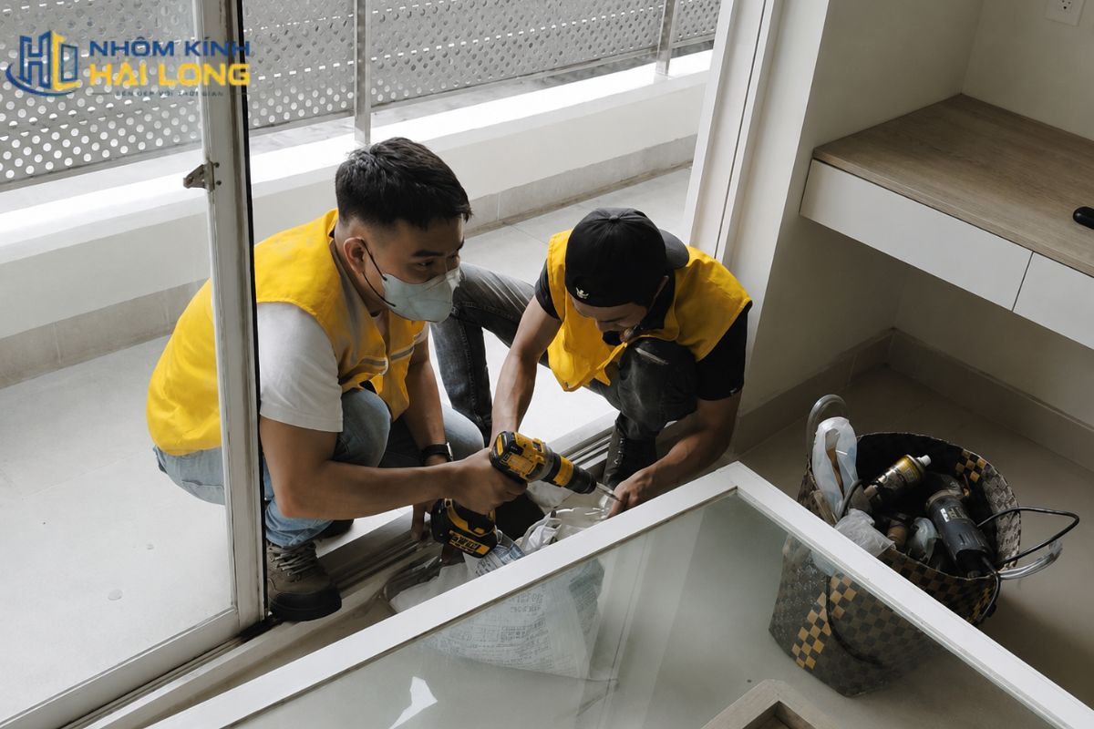 Quy trình đặt cửa đi mở quay 1 cánh nhôm Xingfa gồm khảo sát ô chờ, chốt cấu hình, gia công, lắp đặt và kiểm tra vận hành