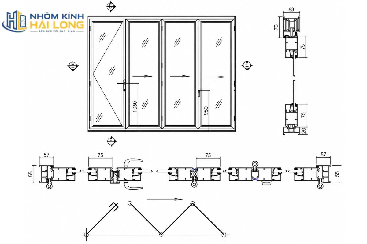 Cấu tạo khung kính và phụ kiện cửa đi xếp trượt 4 cánh nhôm xingfa
