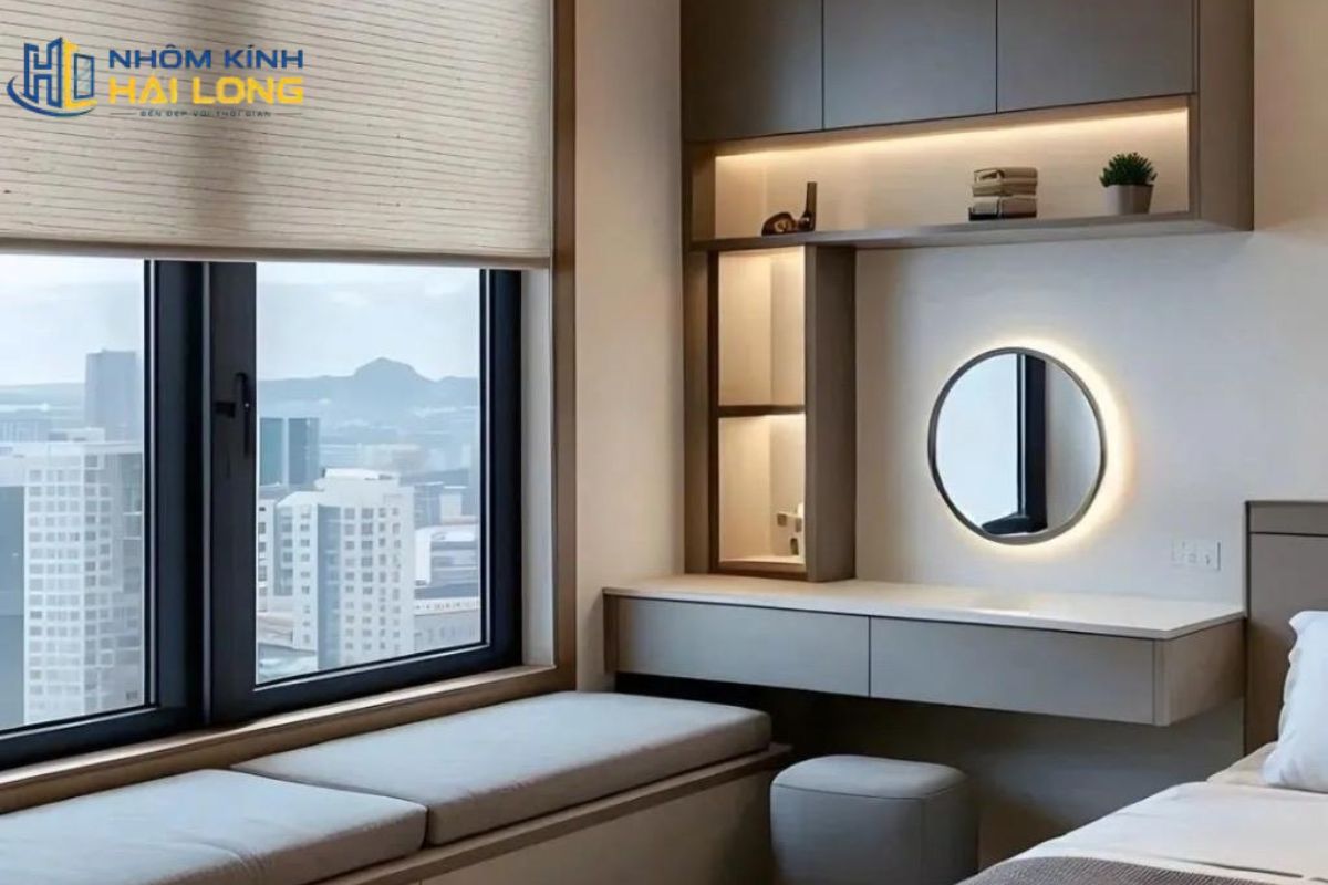 Cửa sổ lùa 1 cánh cho phòng ngủ nhỏ hoặc phòng đọc sách giúp lấy sáng tốt, tiết kiệm diện tích và cần kiểm soát nắng, riêng tư