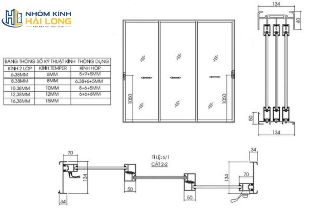 Thông số kỹ thuật cửa sổ lùa 3 cánh gồm ray đôi hoặc ray ba, khung nhôm dày 1,4–2,0 mm, kính cường lực 6–8 mm và gioăng EPDM