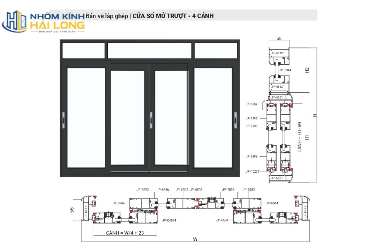 Thông số kỹ thuật cửa sổ lùa 4 cánh gồm nhôm hệ 55 hoặc 93, kính an toàn, bánh xe kép, gioăng EPDM và phụ kiện đồng bộ