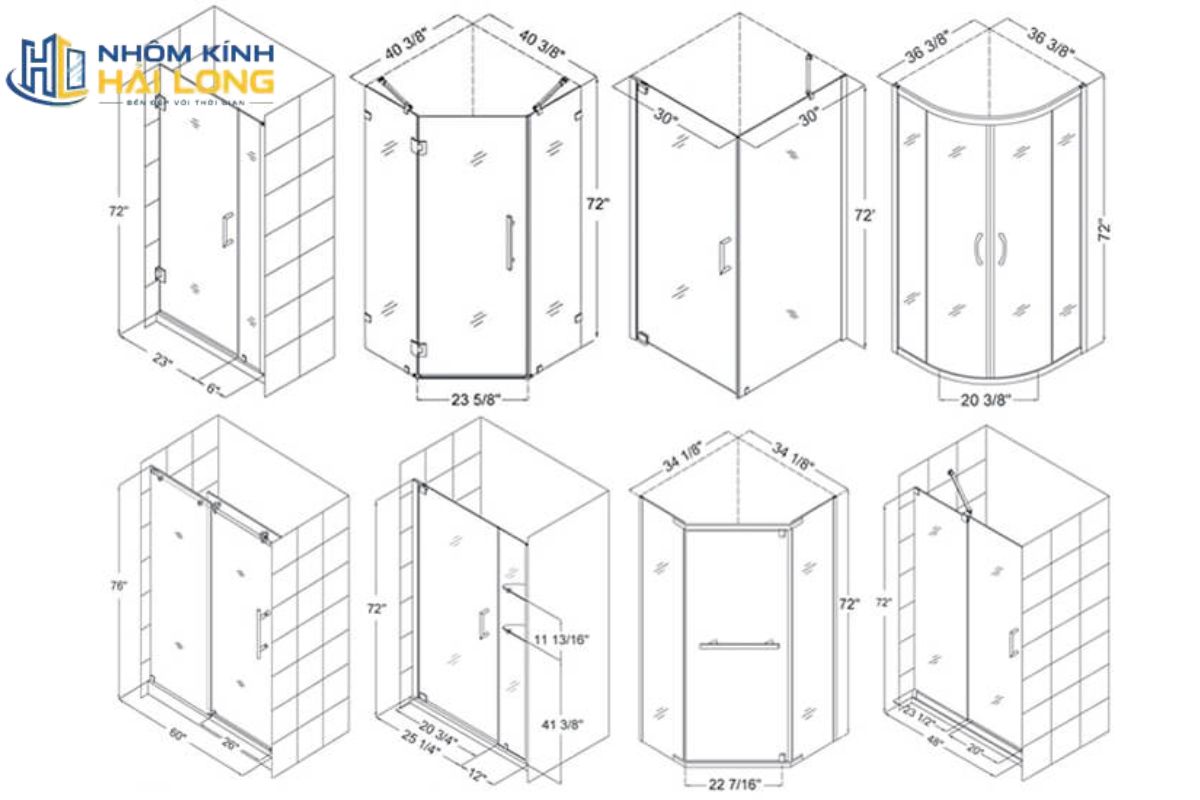 Kích thước vách kính nhà tắm tham khảo gồm chiều cao 1.900–2.100 mm, cabin từ 800 × 800 mm, cửa rộng 600–700 mm và kính dày 8–10 mm