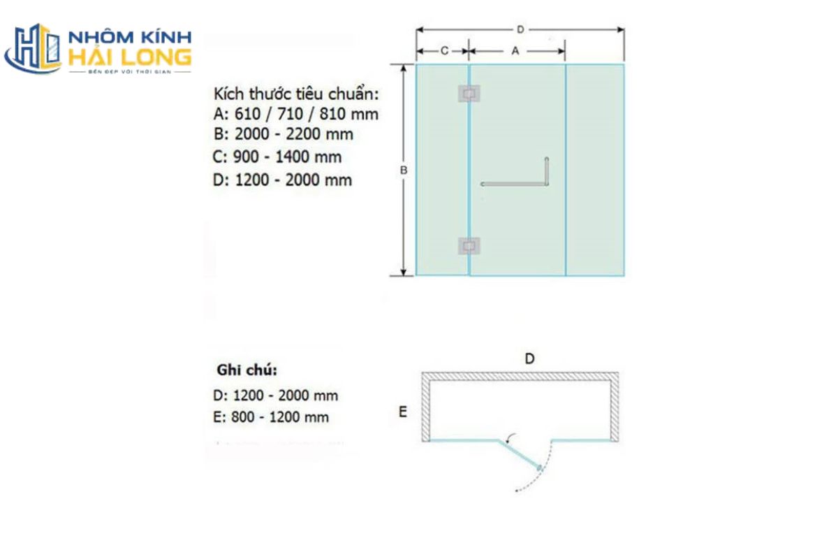 Kích thước vách kính nhà tắm dạng thẳng một mặt thường có tấm cố định rộng khoảng 700–900 mm, tùy vị trí vòi sen và cấu hình cửa