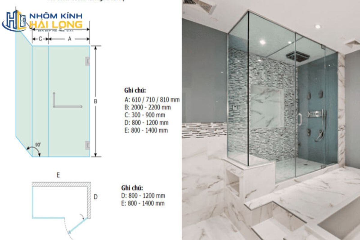 Kích thước vách kính nhà tắm dạng cabin chữ nhật thường từ 800 × 1.000 mm hoặc 800 × 1.200 mm, phù hợp phòng tắm dài và hẹp