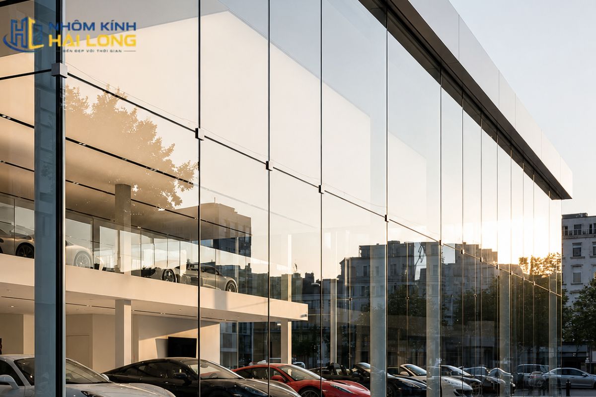 Vách kính mặt dựng trung tâm thương mại và showroom giúp tăng khả năng trưng bày, quan sát từ bên ngoài và kết nối linh hoạt với hệ cửa ra vào