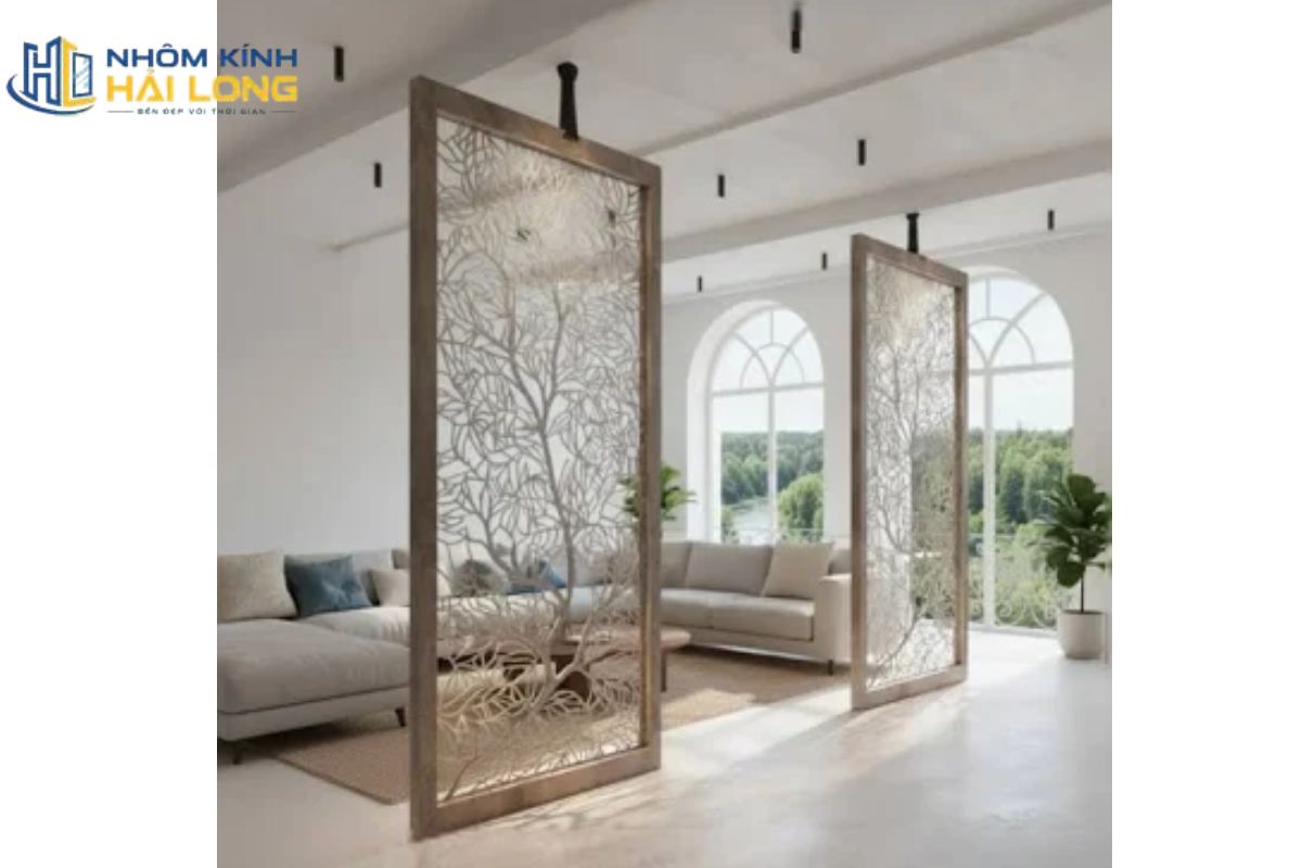 Vách kính nghệ thuật phân chia phòng khách và bếp, giữ không gian thông thoáng và hỗ trợ hạn chế mùi khi kết hợp cửa kính