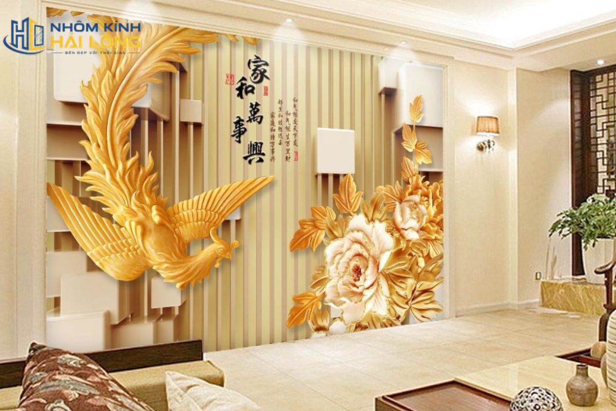 Tranh kính phong thủy với họa tiết hoa sen, chim hạc hoặc sơn thủy tạo điểm nhấn cho sảnh, phòng khách và phòng thờ