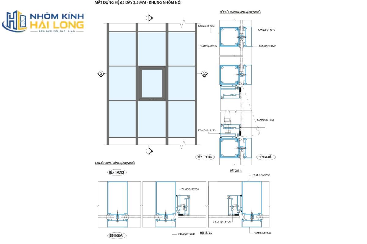 Cấu hình vách mặt dựng lộ đố hệ 65 gồm nhôm dày, kính an toàn, gioăng EPDM, keo chuyên dụng và phụ kiện liên kết chịu lực